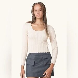 Find Me Now Sweater NWT Sz M / L Cream Scalloped Trim Stretch Knit Classic Femme